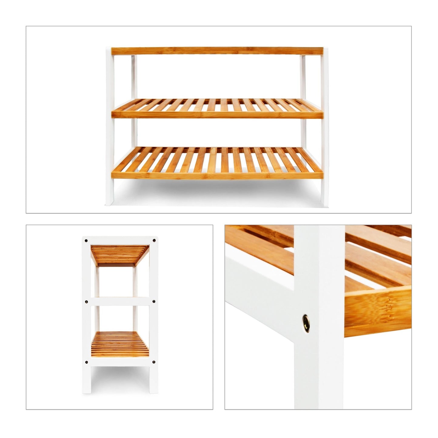 RelaxDays 3 - tier bamboo shoe rack in brown/white - Bamboo Bathrooms