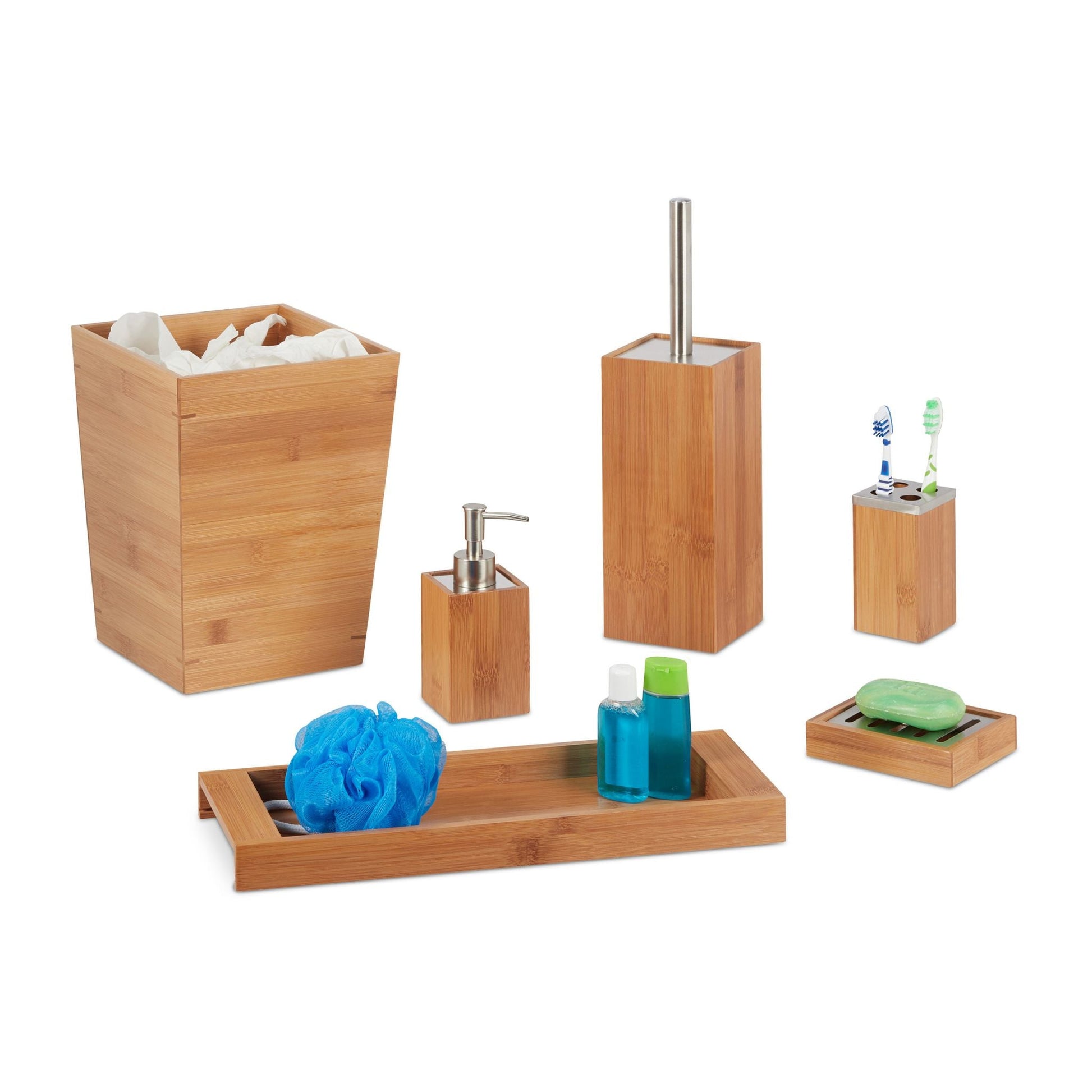 Relaxdays 6 - Piece Bamboo Bathroom Accessory Set - Bamboo Bathrooms