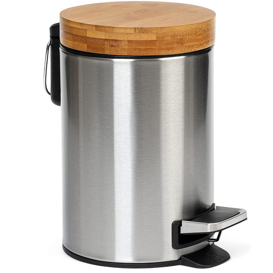 Kazai 3L Designer Bamboo Bathroom Bin - Silver