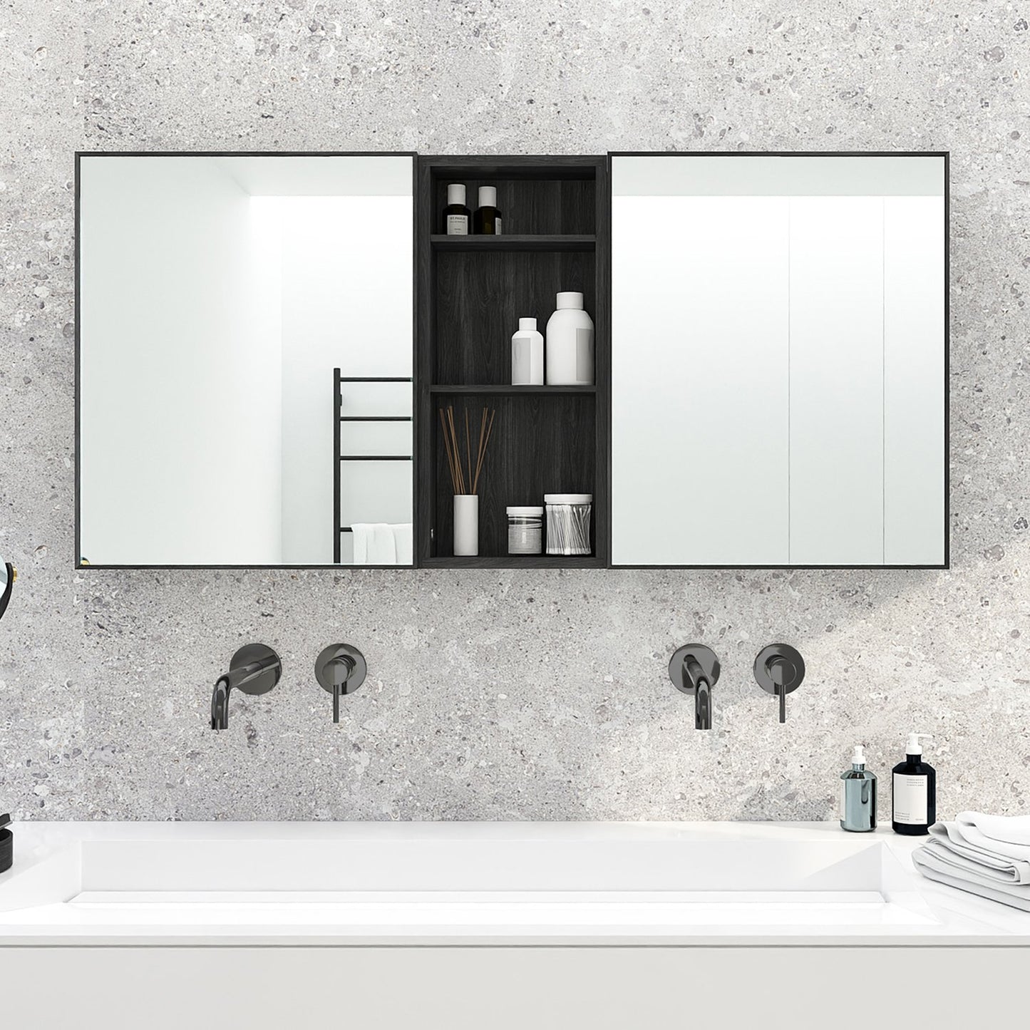 Slimline Bathroom Mirror Cabinet 550 - Dark Oak Bamboo Bathrooms