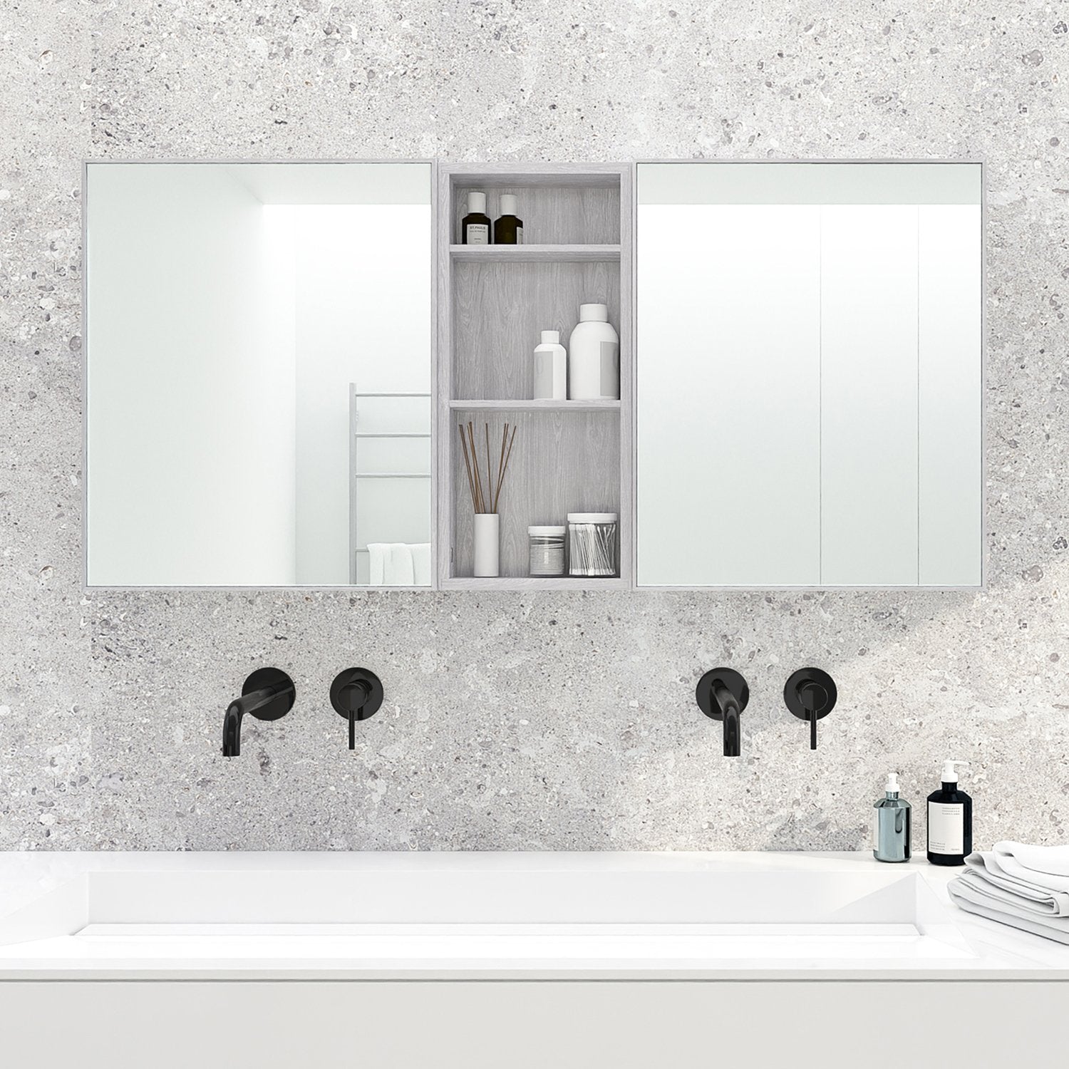 Slimline Bathroom Mirror Cabinet 550 - Oyster White Bamboo Bathrooms